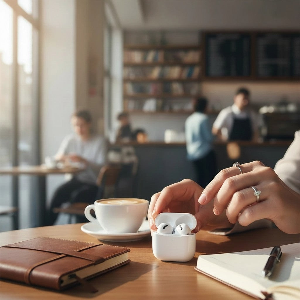 Voltiva Pulse white wireless Bluetooth earbuds in an open charging case held by a woman in a cafe setting.